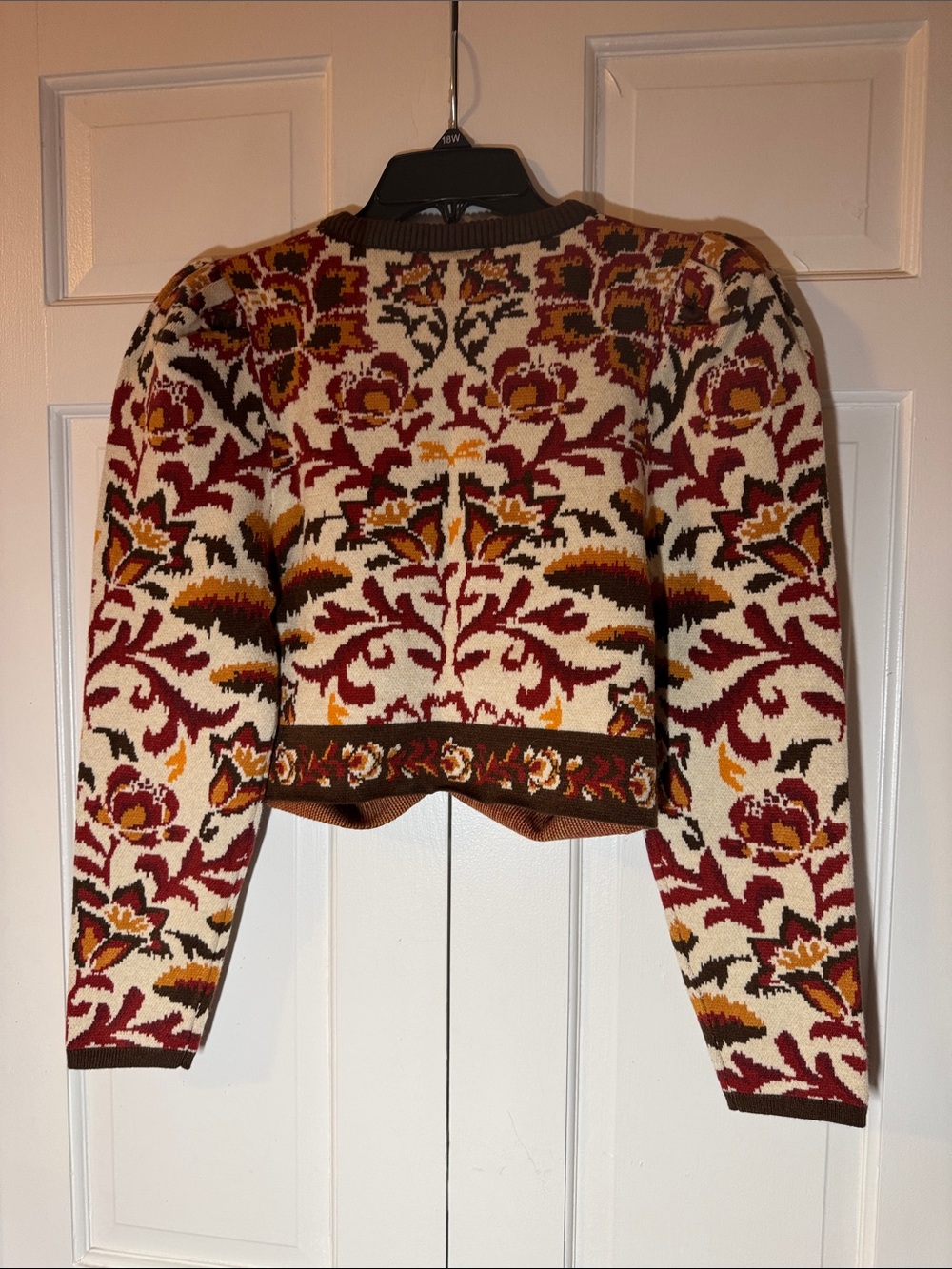 NWOT FARM Rio Cream/Burgundy/Mustard Floral Cropped Knit Sweater Crossover Hem - Picture 3 of 11